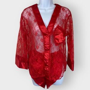 Vtg Fredericks of Hollywood Lace Satin Pajama Set | Shorts Shirt | Heart Pocket